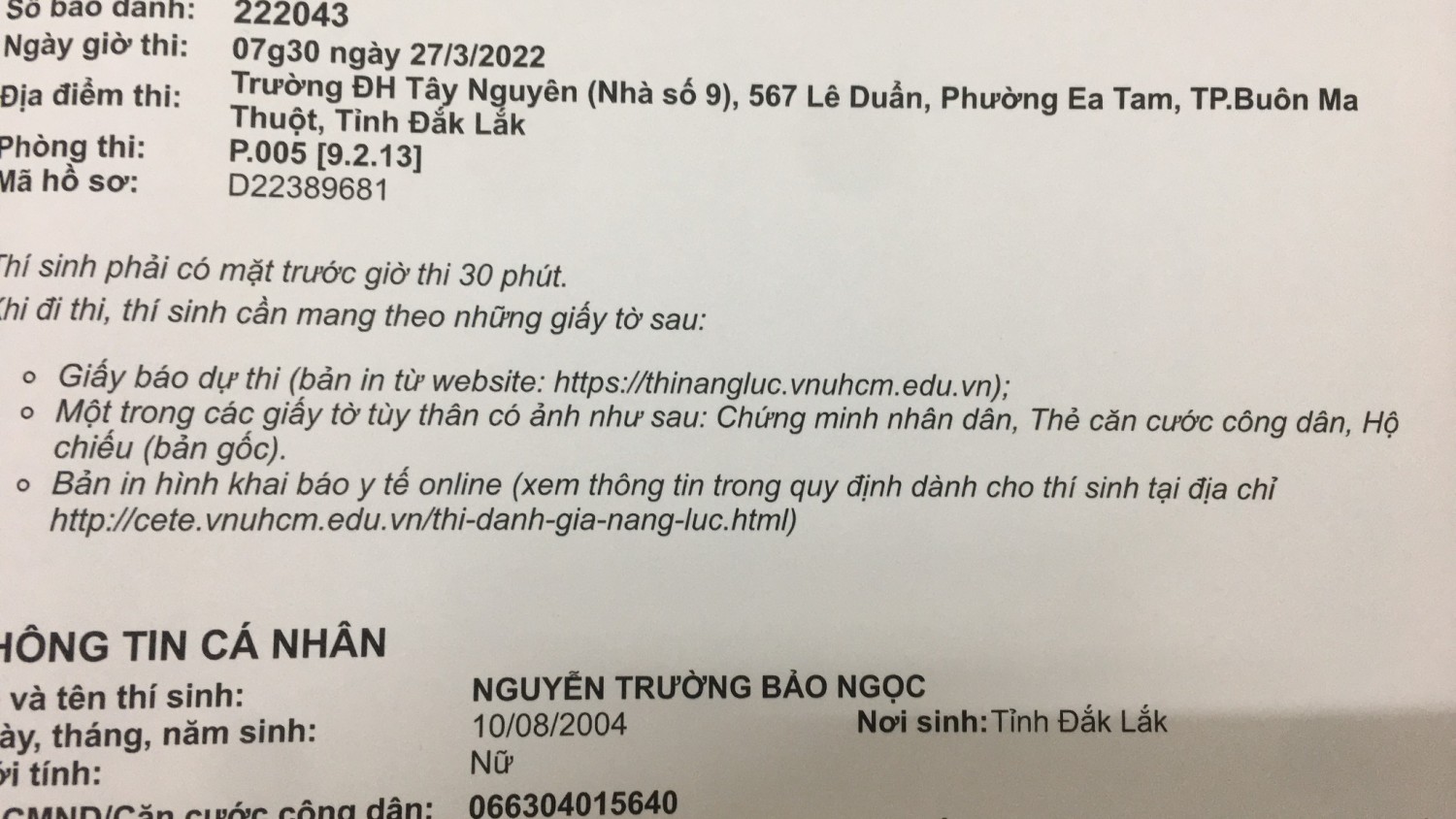 Khai báo y tế khi thí sinh tham gia kỳ thi đánh giá năng lực